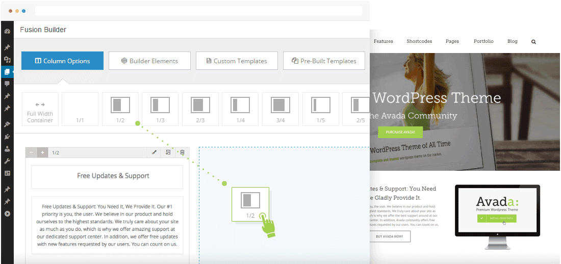 Fusion Builder interface with Avada theme preview.
